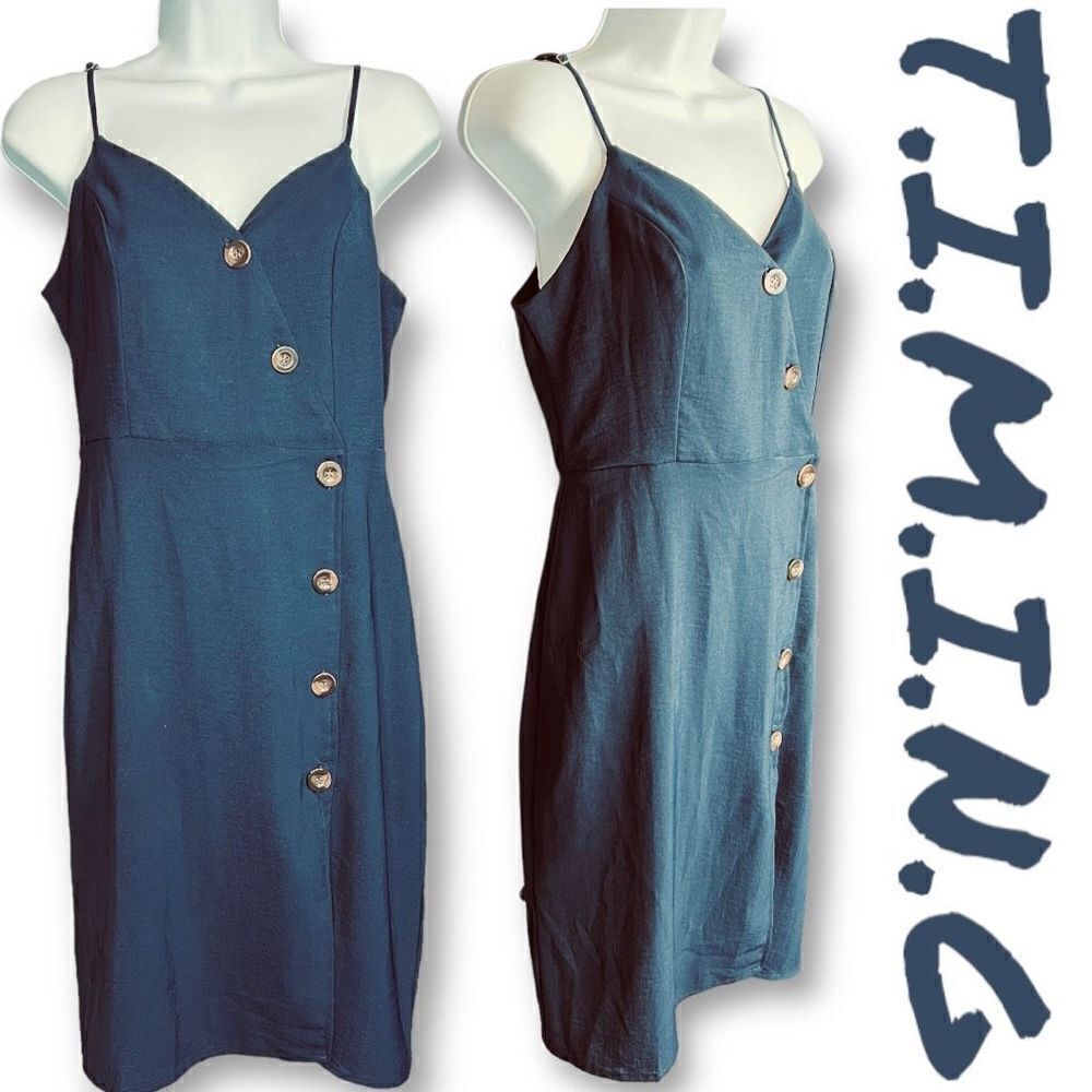 Timing Women’s Asymmetrical Button Up Spaghetti Strap Navy Blue Dress Sz S